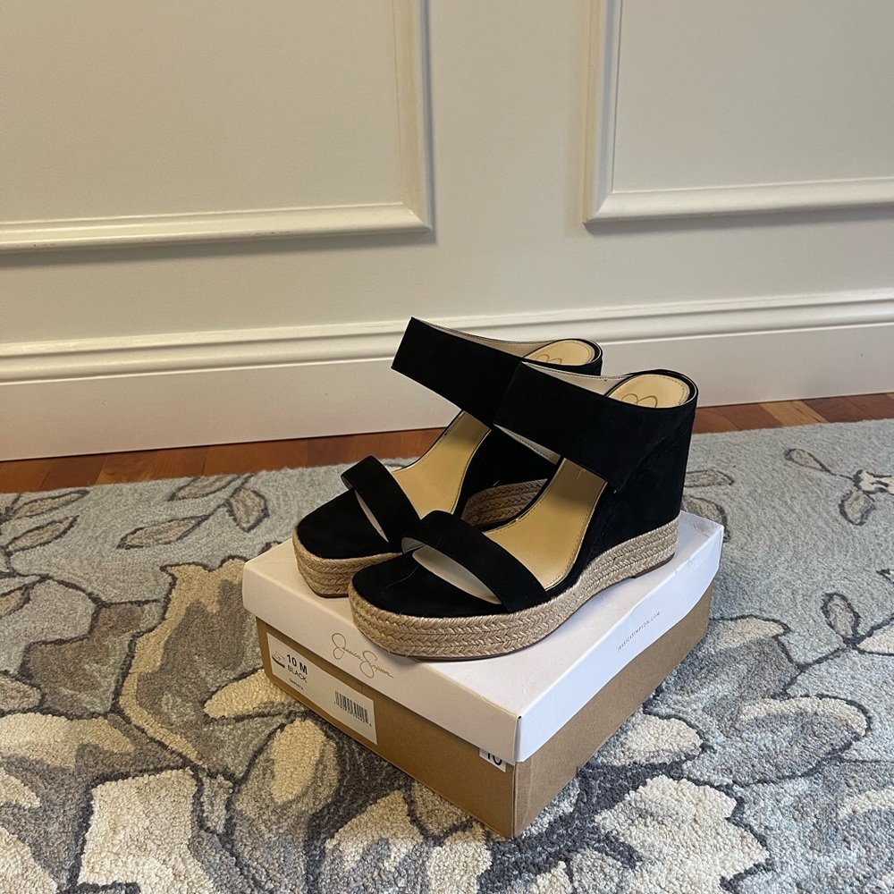 Jessica Simpson Black Wedge Shoes Double Strap
